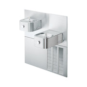 Stainless steel wall-mounted water fountain with two bowls at different heights and refrigeration unit below.