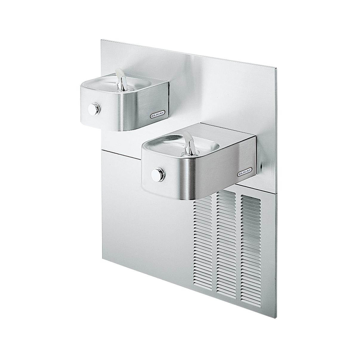 Stainless steel wall-mounted water fountain with two bowls at different heights and refrigeration unit below.