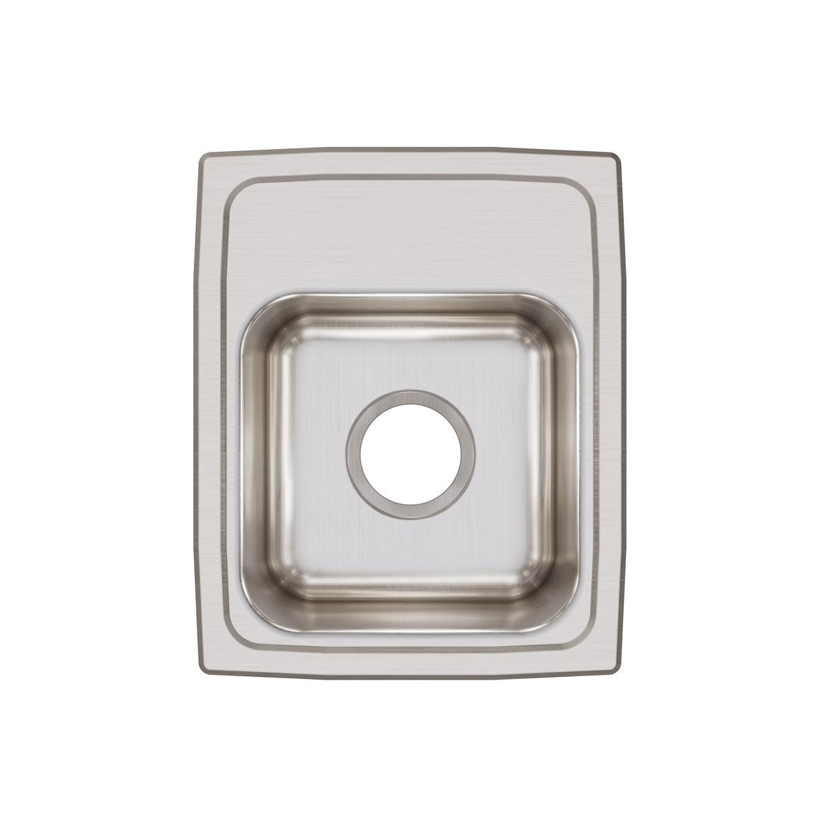 Stainless steel single bowl drop-in sink with brushed finish and centered drain hole, shown from above.