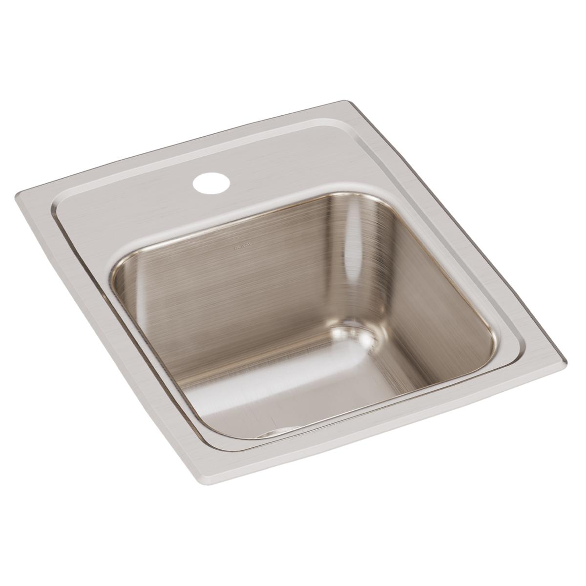 Stainless steel drop-in sink with single bowl and one faucet hole on brushed metal rim.