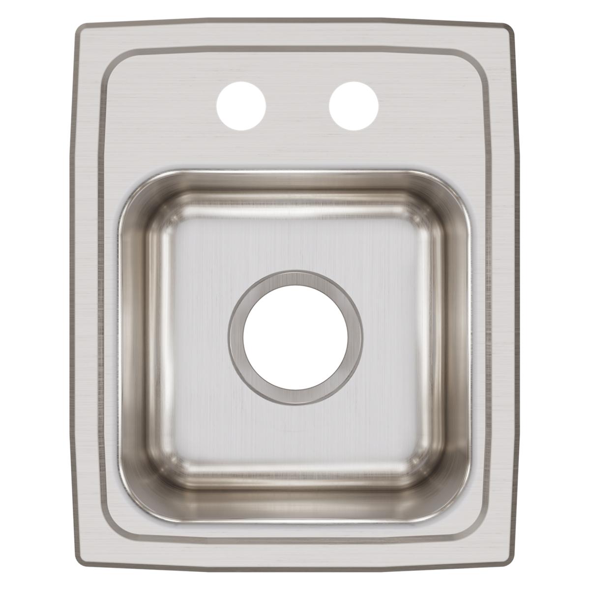 Stainless steel drop-in sink with single bowl, two pre-drilled holes, and brushed finish, shown from above.