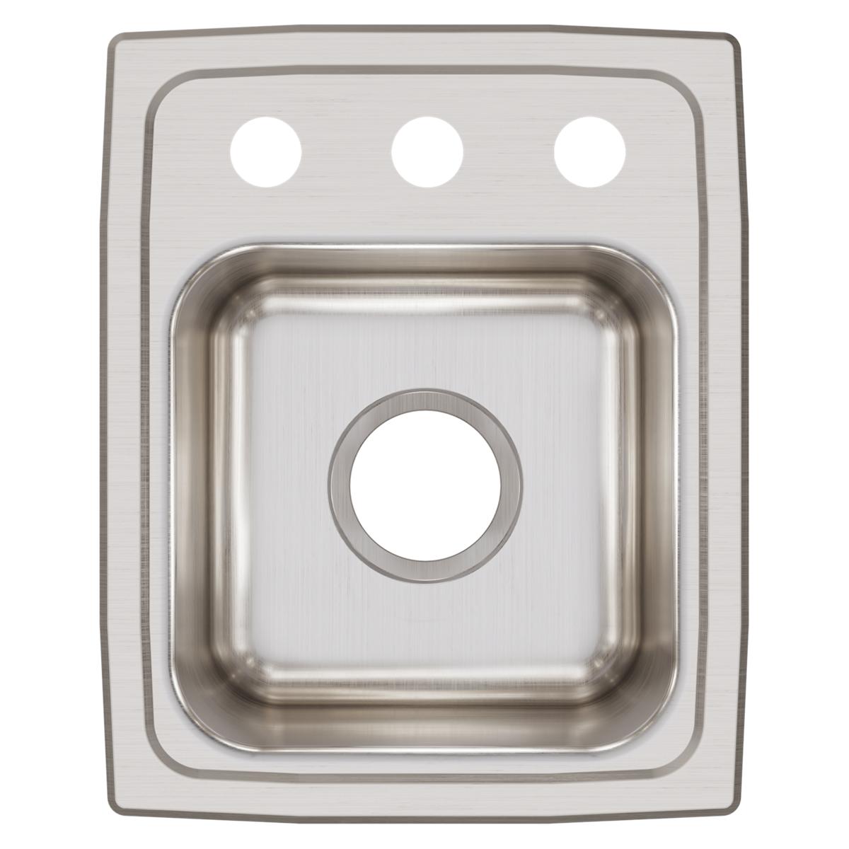 Stainless steel drop-in sink with single bowl and three pre-drilled holes across the top deck for faucet mounting.