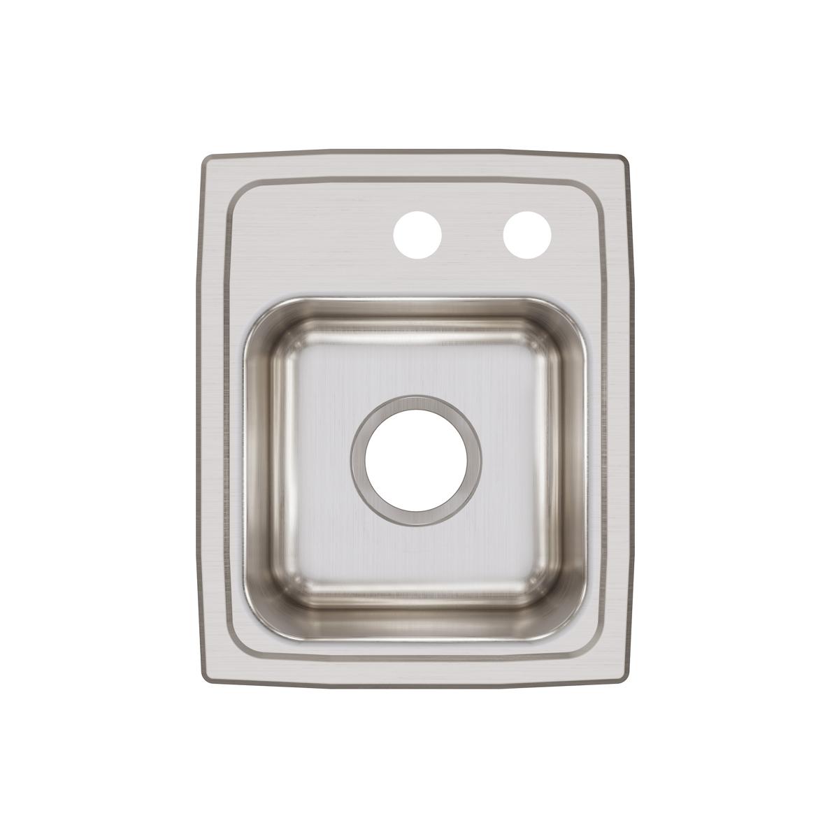 Stainless steel drop-in sink with single bowl and two pre-drilled holes for faucet mounting, shown from above.