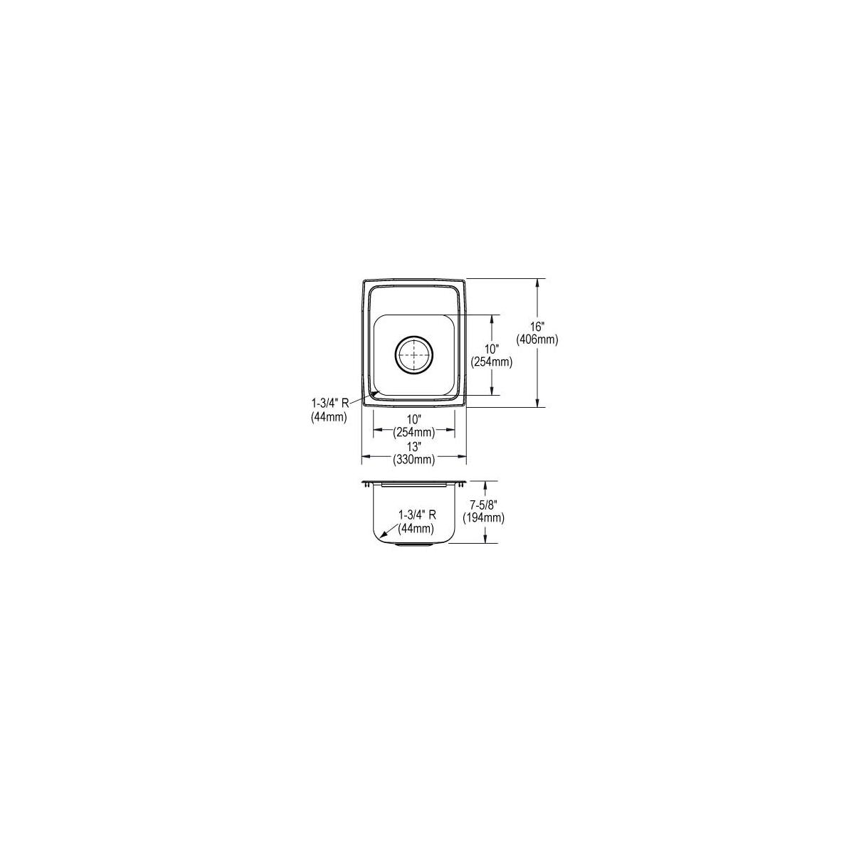 Stainless steel single bowl drop-in sink with two holes and rounded corners, shown in top and side technical drawings with di