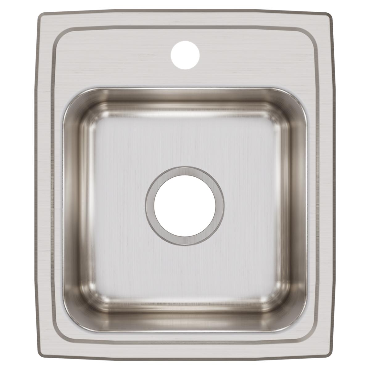 Stainless steel drop-in bar sink with single bowl, one faucet hole, and brushed finish shown from above.