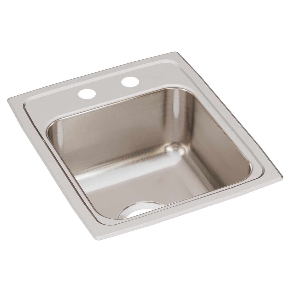 Stainless steel drop-in bar sink with single bowl, two faucet holes, and brushed satin finish.