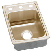 Copper drop-in sink with single bowl, two mounting holes on rim, and drain opening.