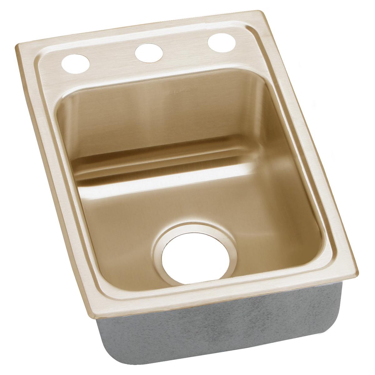 Copper drop-in sink with single bowl, two mounting holes on rim, and drain opening.