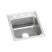 Stainless steel single bowl drop-in sink with one faucet hole and three additional holes across the rim.