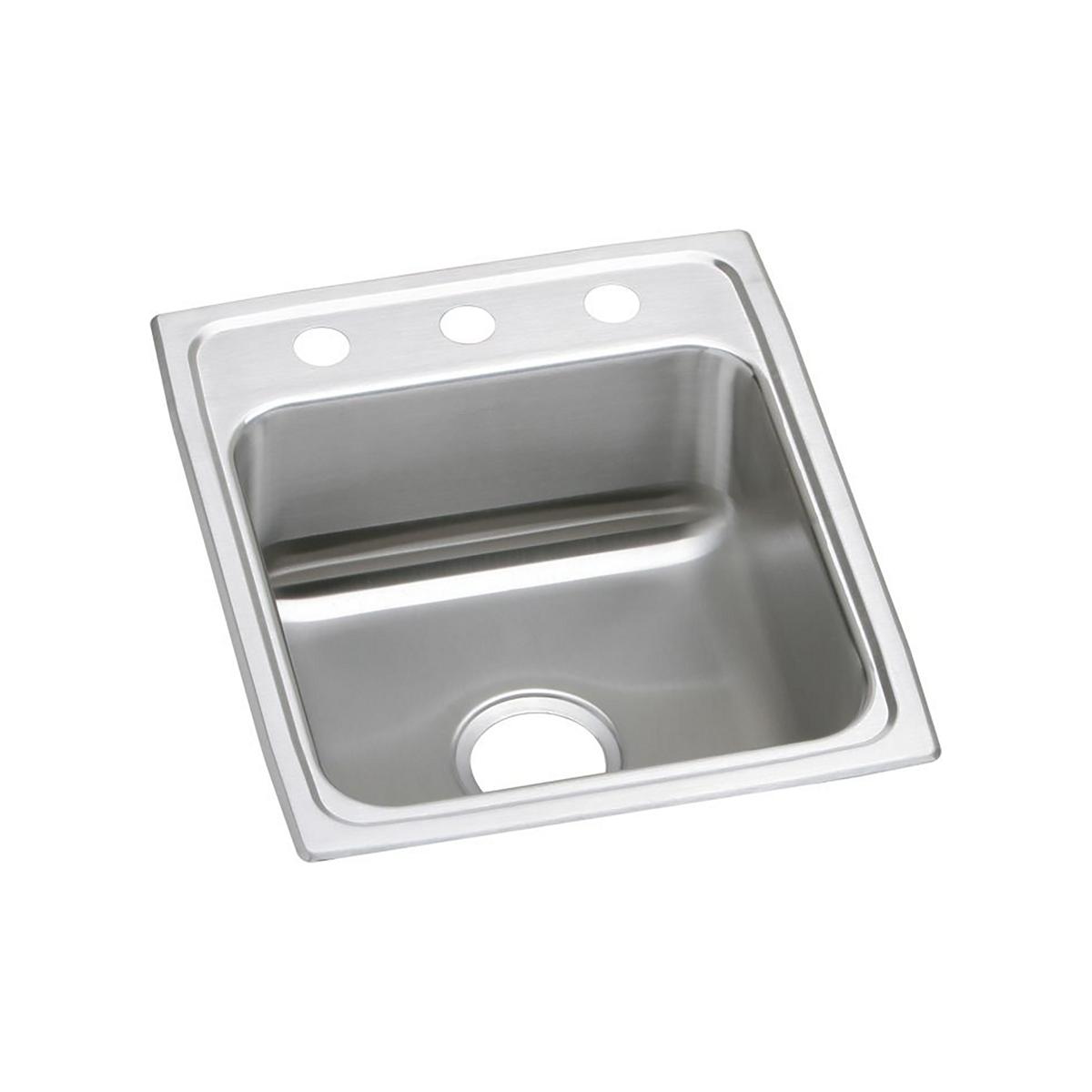 Stainless steel single bowl drop-in sink with one faucet hole and three additional holes across the rim.