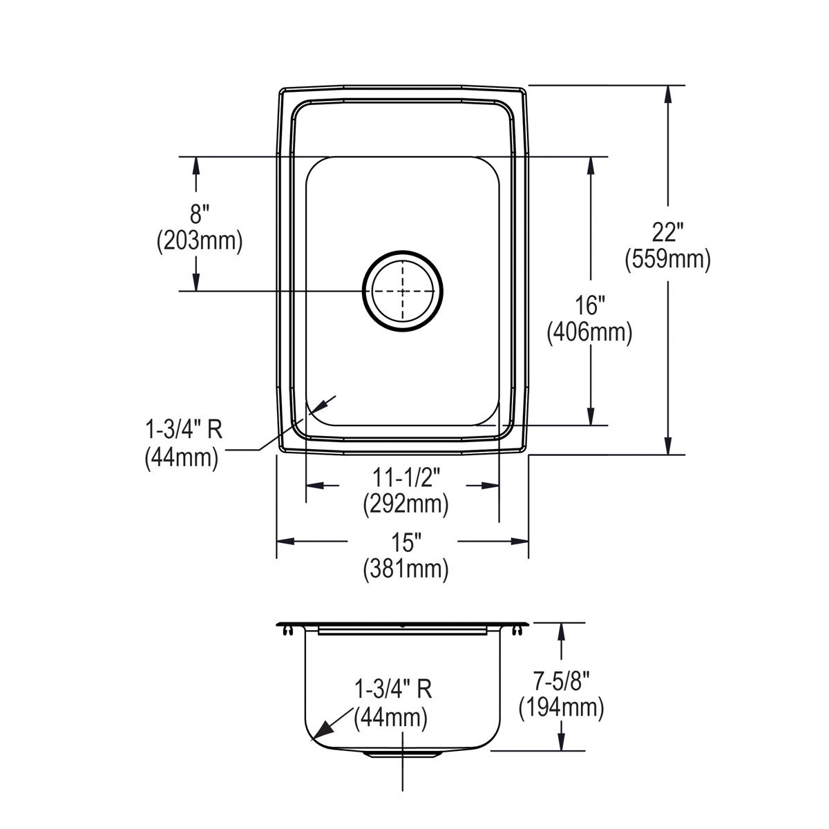 Stainless steel drop-in sink with single bowl and one hole, showing top and side technical dimensions.