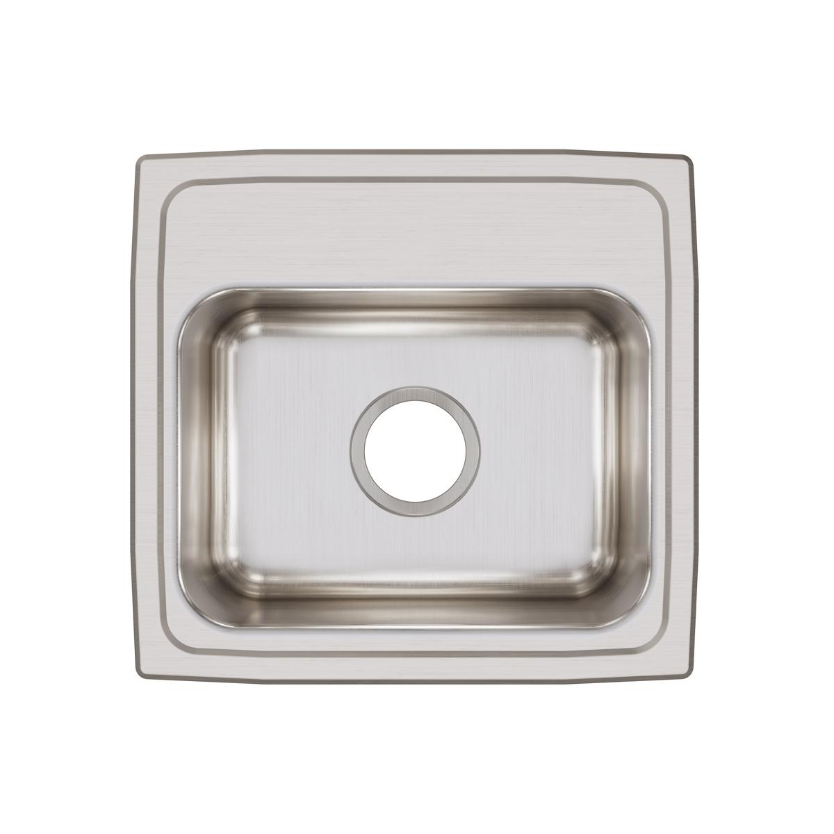 Stainless steel single bowl drop-in sink with brushed finish and rounded corners, viewed from above.