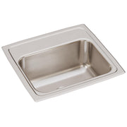 Stainless steel single bowl drop-in sink with brushed finish and rounded corners.