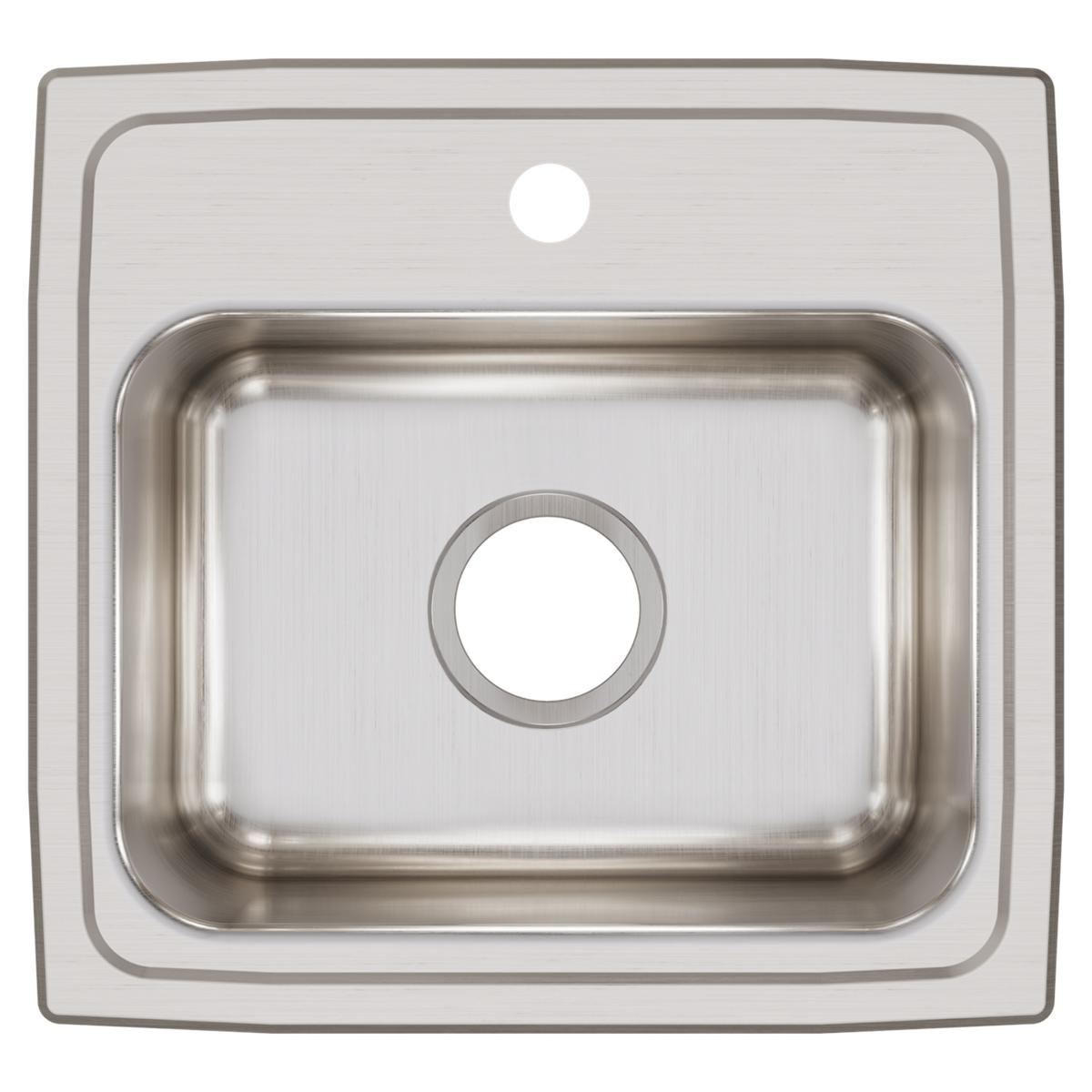 Stainless steel drop-in sink with single rectangular bowl, one faucet hole, and brushed finish.