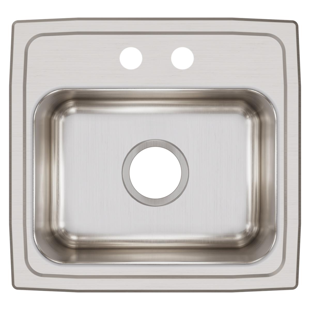 Stainless steel drop-in sink with single bowl and two pre-drilled faucet holes in brushed finish.