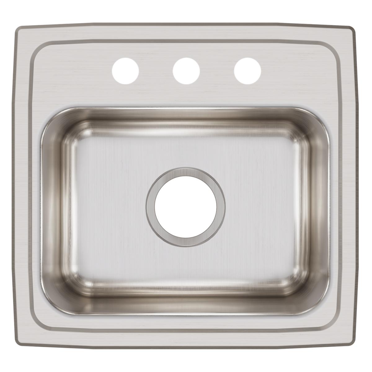 Stainless steel drop-in sink with single rectangular bowl and three pre-drilled holes for faucet mounting.