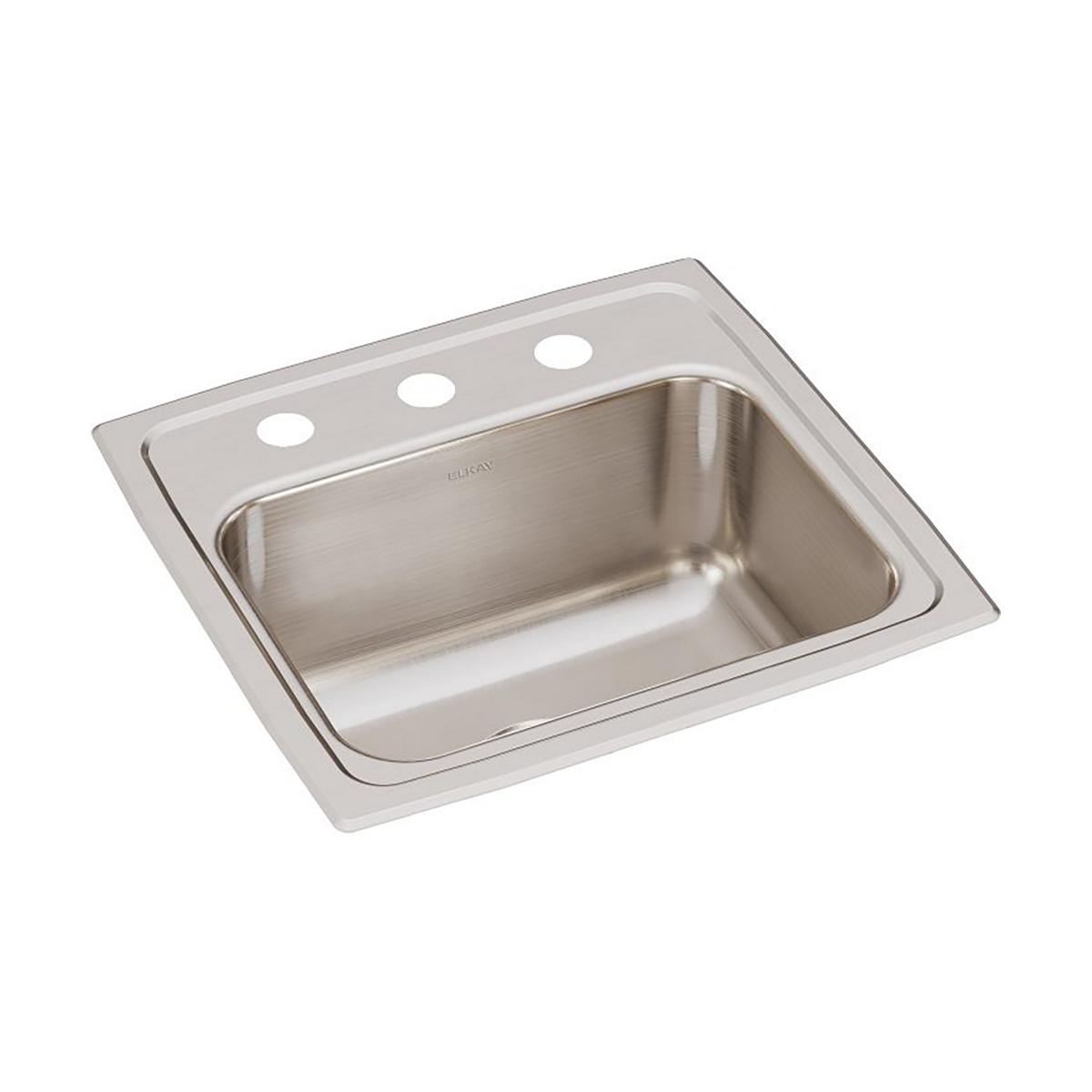 Stainless steel drop-in sink with single bowl, brushed finish, and three pre-drilled holes for faucet mounting on the deck.