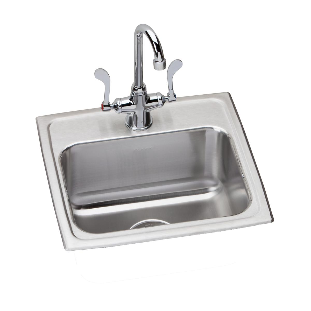 Stainless steel drop-in sink with single bowl and chrome faucet with dual lever handles.