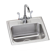 Stainless steel drop-in sink bowl with chrome faucet and dual handles mounted on white rim.