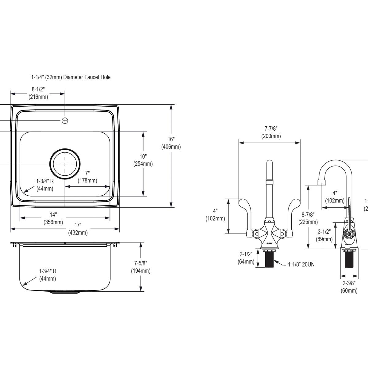 Stainless steel drop-in sink with single bowl and matching faucet, showing top, side, and front views with detailed dimension