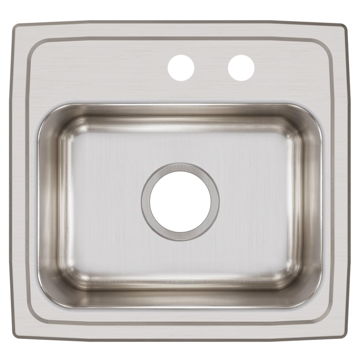 Stainless steel drop-in sink with single bowl, two pre-drilled faucet holes, and brushed finish surface.