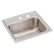 Stainless steel drop-in sink with single bowl and two faucet holes in brushed finish.
