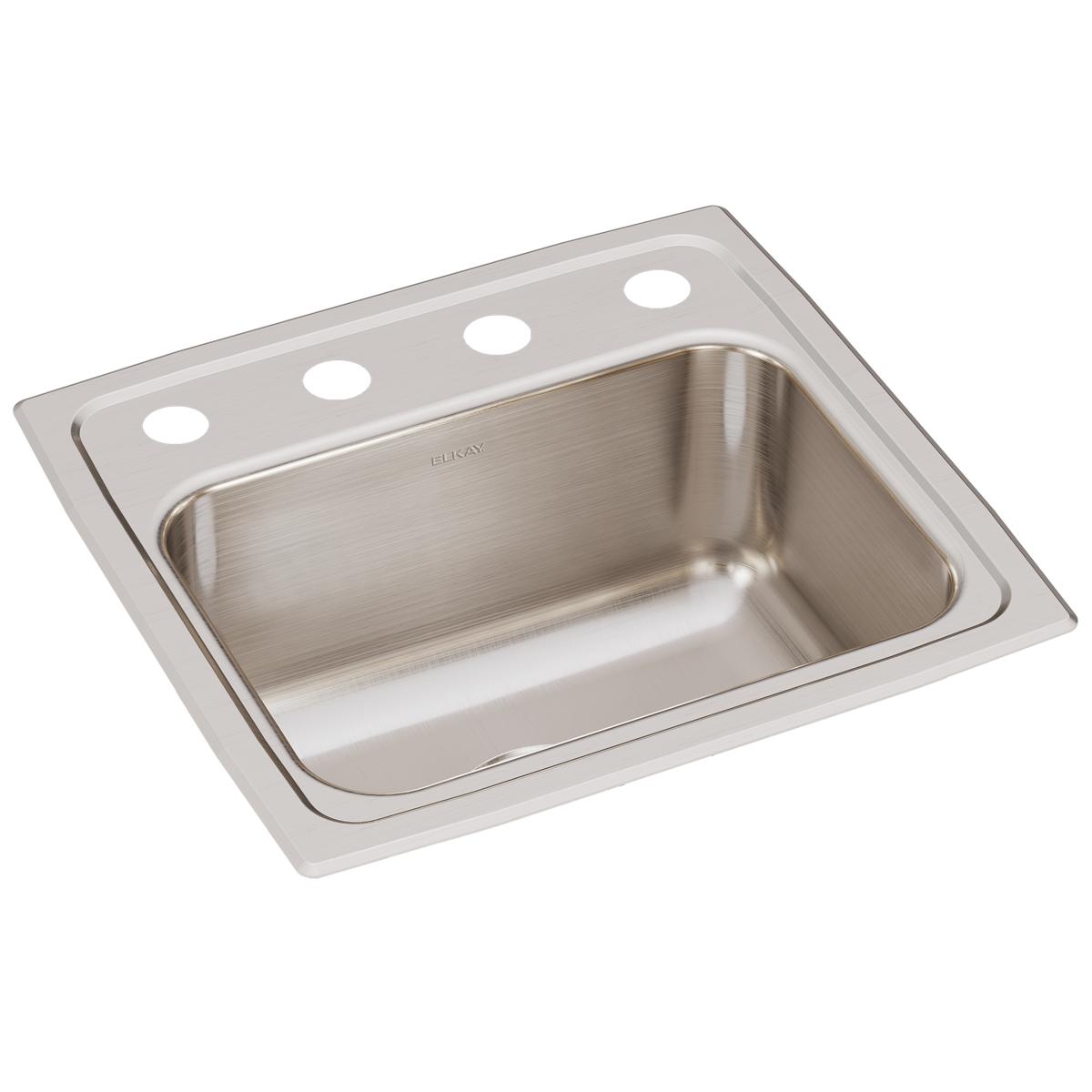 Stainless steel drop-in sink with single bowl and four pre-drilled holes for faucet mounting.