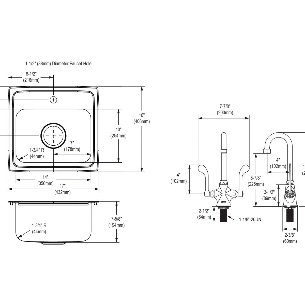 Stainless steel single bowl drop-in sink with faucet, showing top and side views with detailed measurements and specification