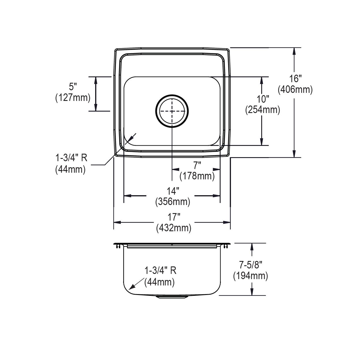 Top and side technical drawings of a stainless steel drop-in sink bowl with single faucet hole and rounded corners, showing d