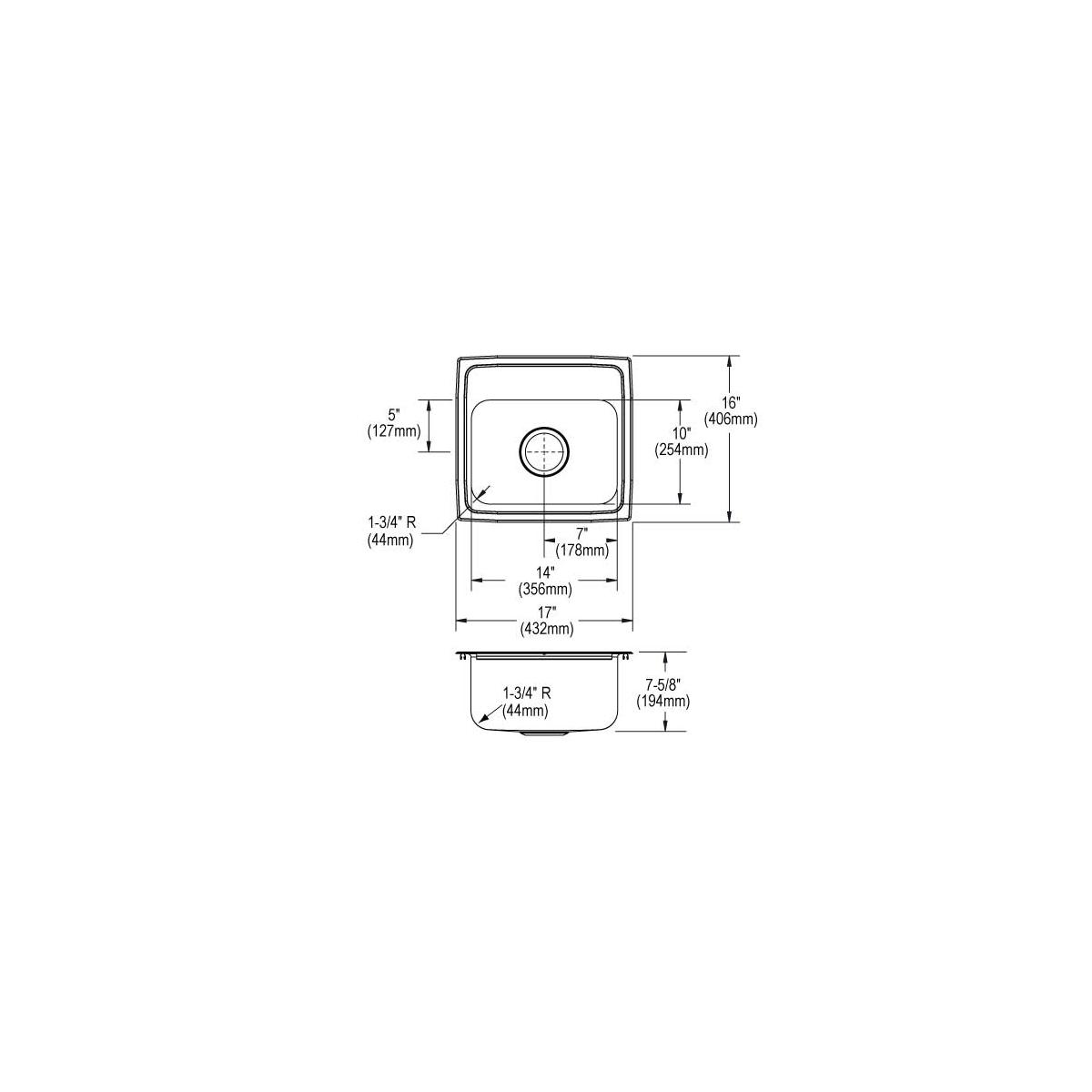 Stainless steel single bowl drop-in sink with four mounting holes and rounded corners, shown in top and side technical drawin