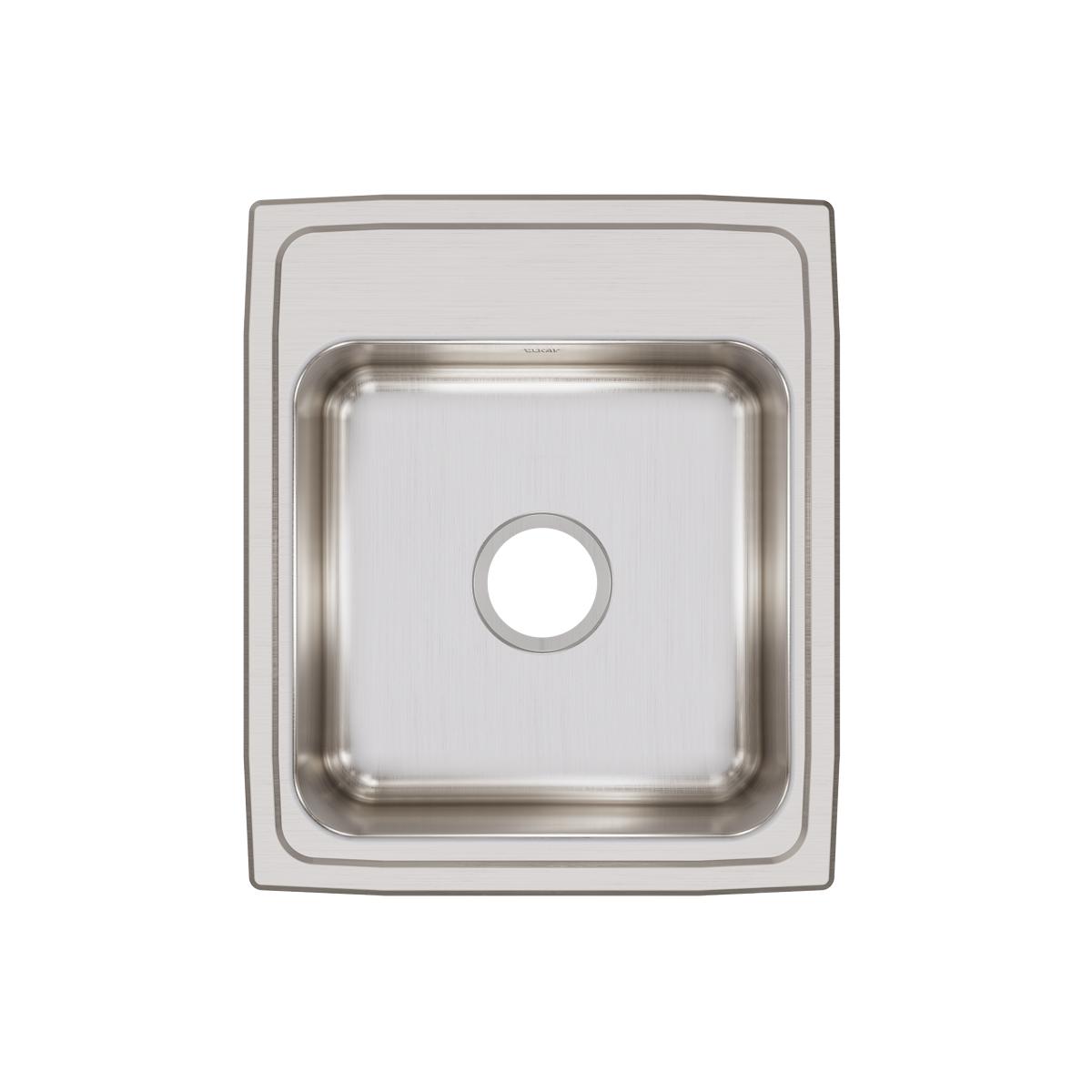 Stainless steel single bowl drop-in sink with brushed finish and one circular opening, shown from above.