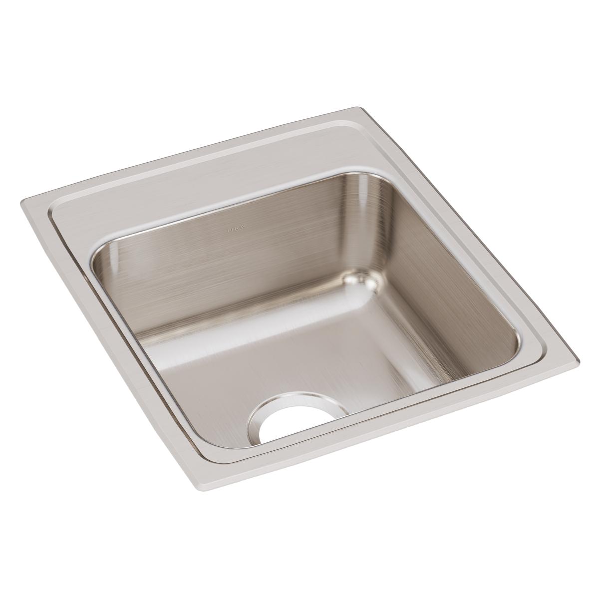Stainless steel single bowl drop-in sink with brushed finish and rounded corners, shown from above angle.