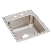 Stainless steel drop-in sink with single bowl and two faucet holes on rim.