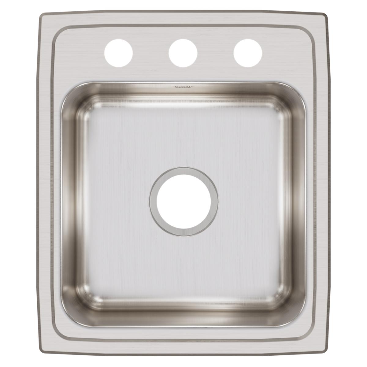 Stainless steel drop-in sink with single bowl, brushed finish, and three pre-drilled holes at top for faucet mounting.