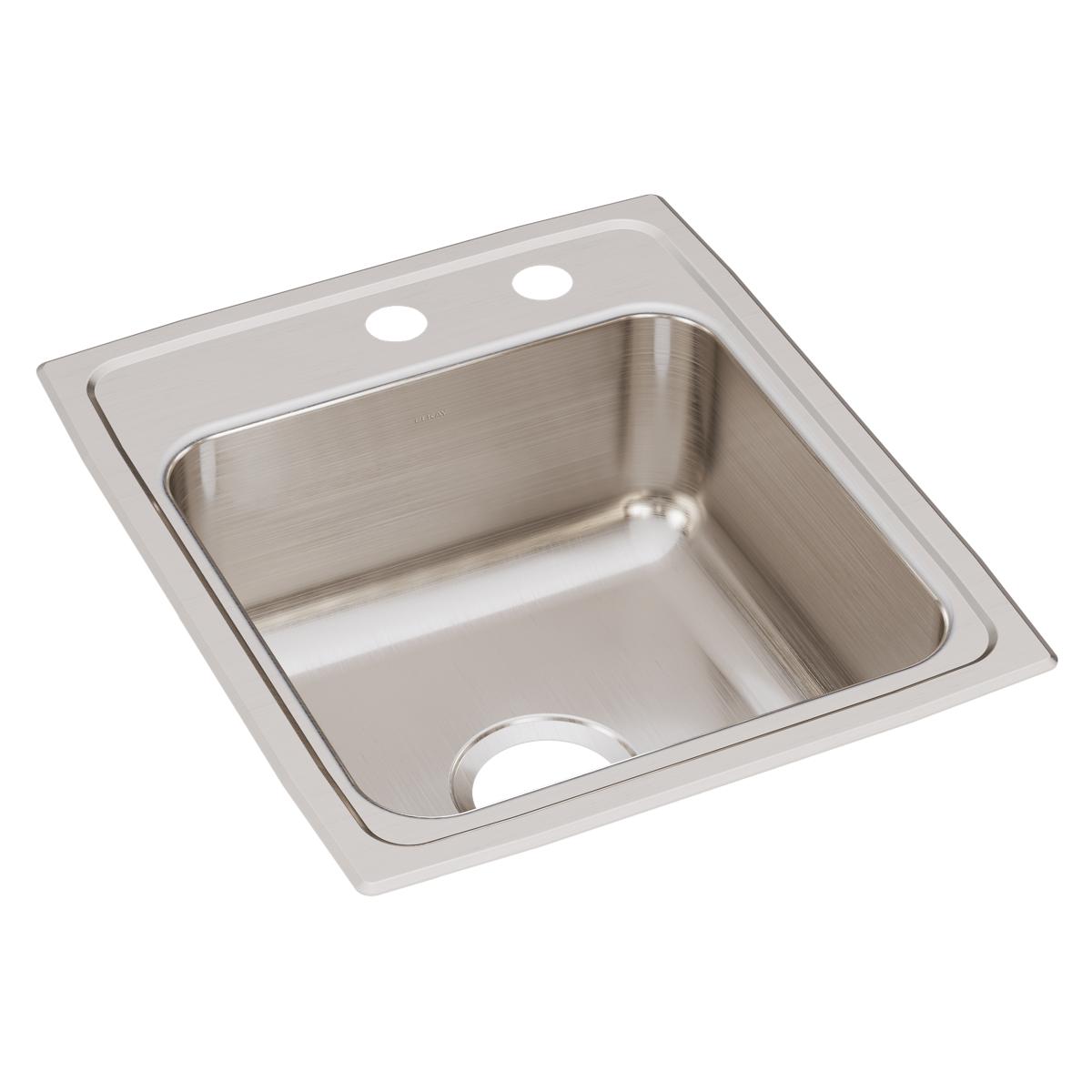 Stainless steel drop-in sink with single bowl, two faucet holes, and drain hole on brushed finish rim.