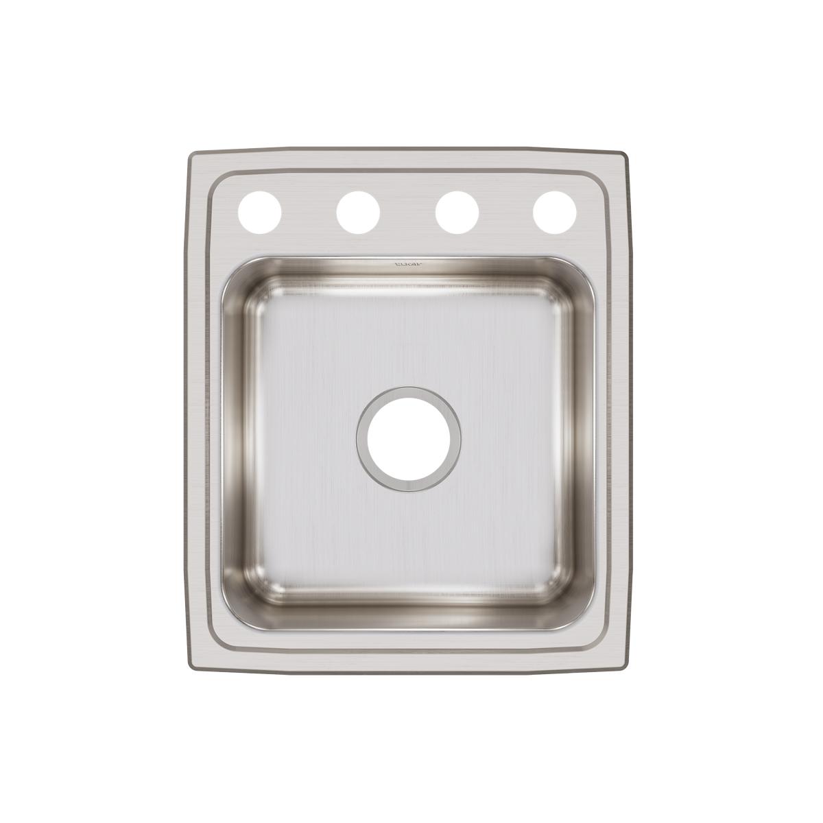 Stainless steel single bowl drop-in sink with four pre-drilled holes and brushed finish, shown from above.