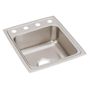 Stainless steel drop-in sink with single bowl and four faucet holes along the rim.