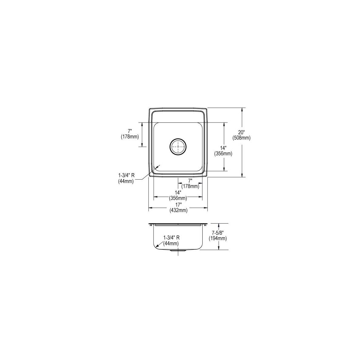 Stainless steel single bowl drop-in sink with rounded corners and drain hole, shown in top and side view with dimensions.