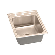 Copper drop-in sink with single rectangular bowl and one faucet hole on the rim.