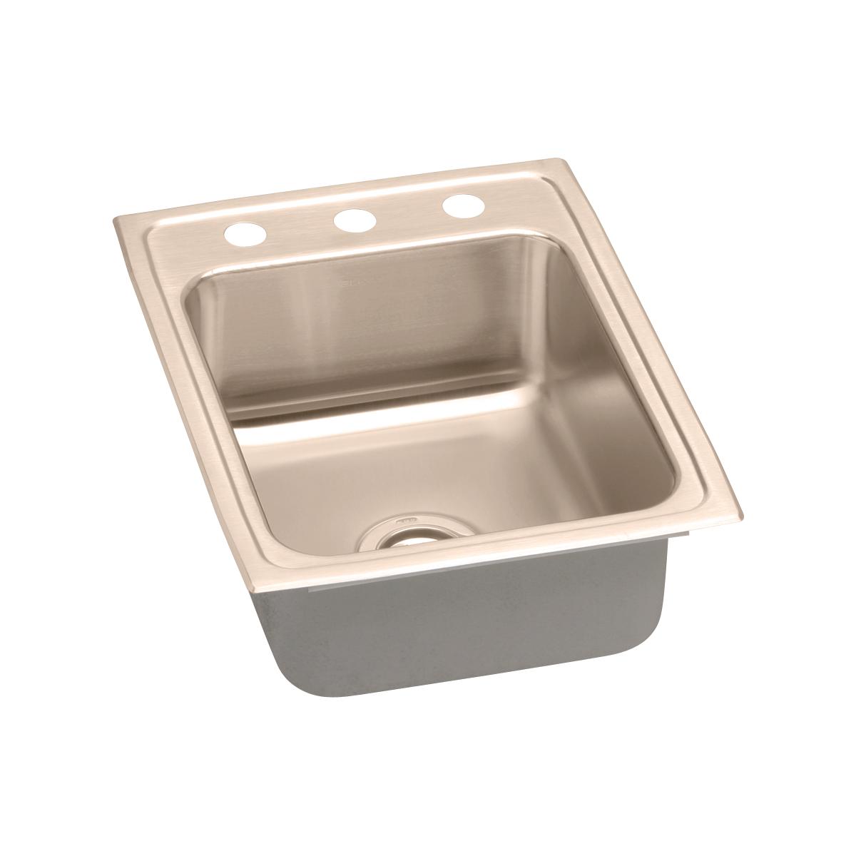 Copper drop-in sink with single rectangular bowl and one faucet hole on the rim.