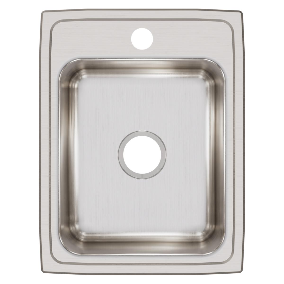 Rectangular stainless steel drop-in sink with single bowl and one faucet hole, brushed finish.