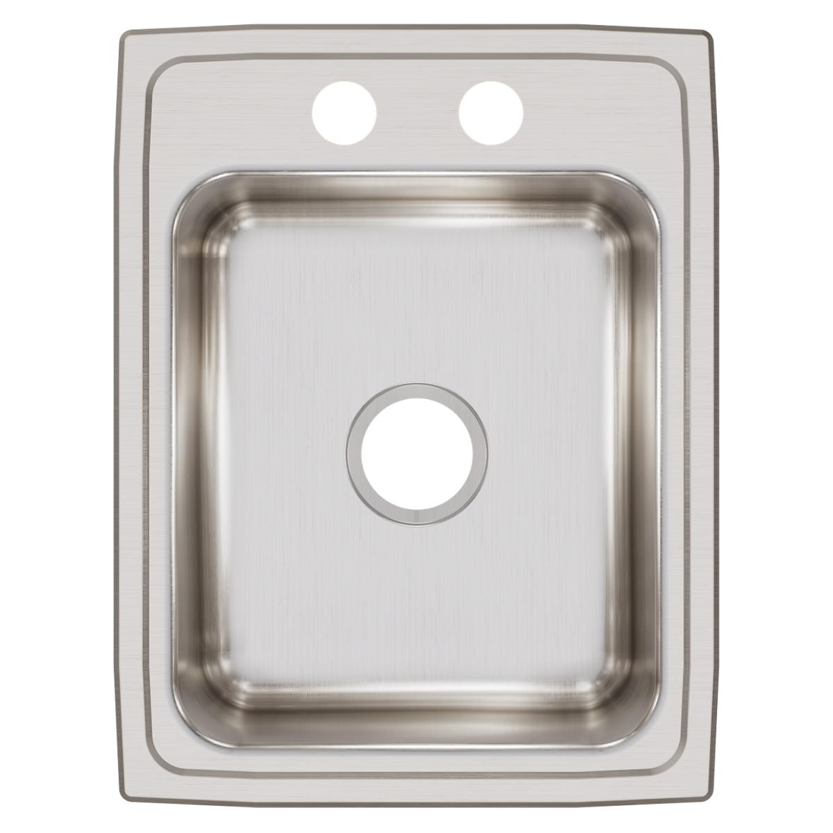 Stainless steel drop-in sink with single bowl, two faucet holes at top, and brushed finish.