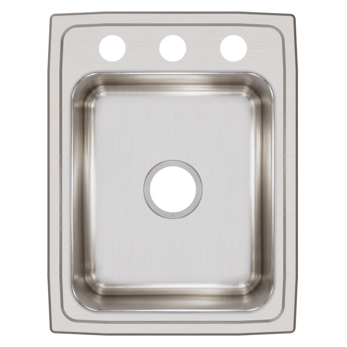 Stainless steel drop-in sink with single bowl and three pre-drilled holes in the rim for faucet mounting.