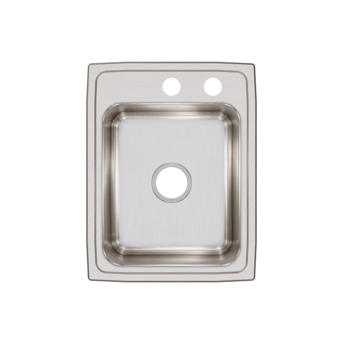 Stainless steel drop-in sink with single bowl, two faucet holes at top, and one center drain hole.