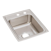 Stainless steel single bowl drop-in sink with two faucet holes and one drain hole on brushed surface.