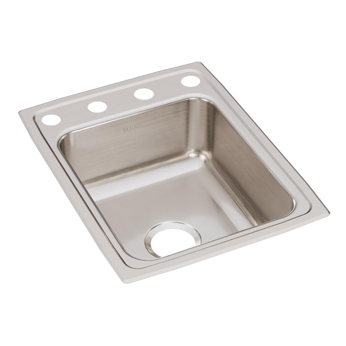 Stainless steel single bowl drop-in sink with four mounting holes and brushed finish.