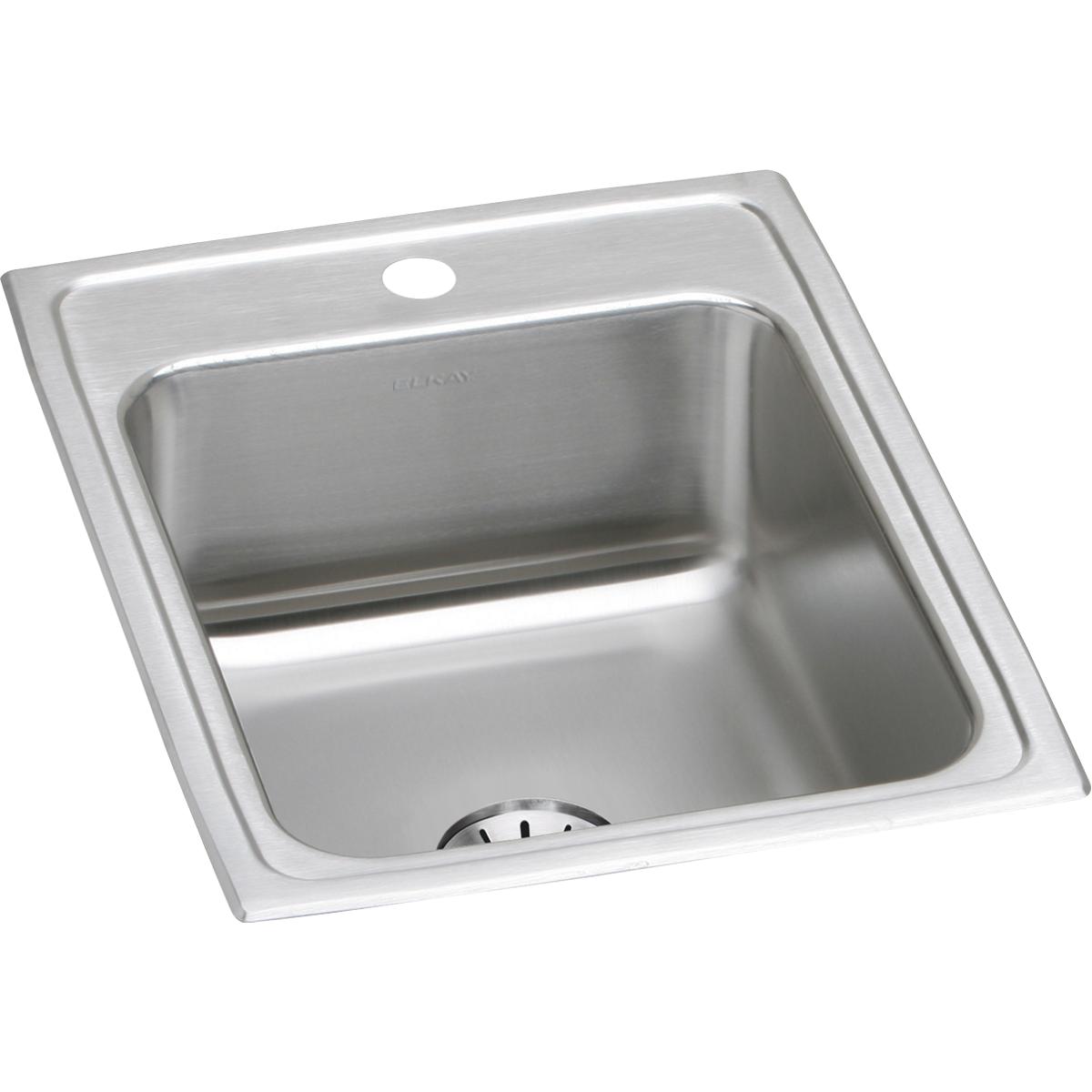 Stainless steel drop-in sink with single rectangular bowl, one faucet hole, and drain strainer visible.