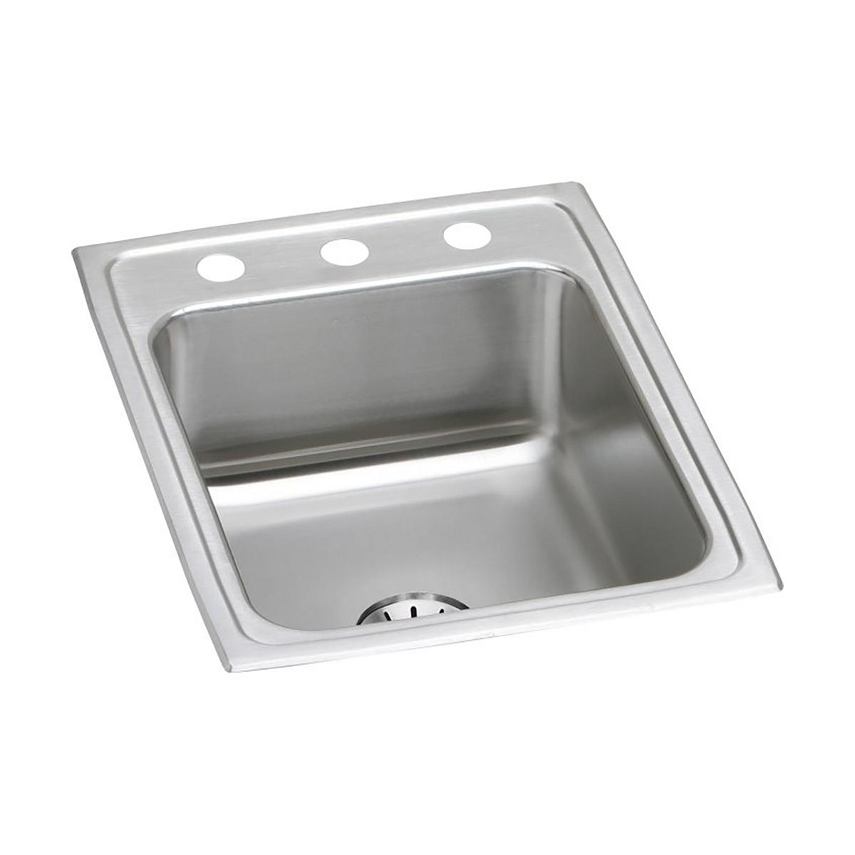 Stainless steel drop-in sink with single bowl, three pre-drilled holes, and drain strainer.