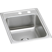 Brushed stainless steel drop-in sink with single bowl, two faucet holes, and drain opening.