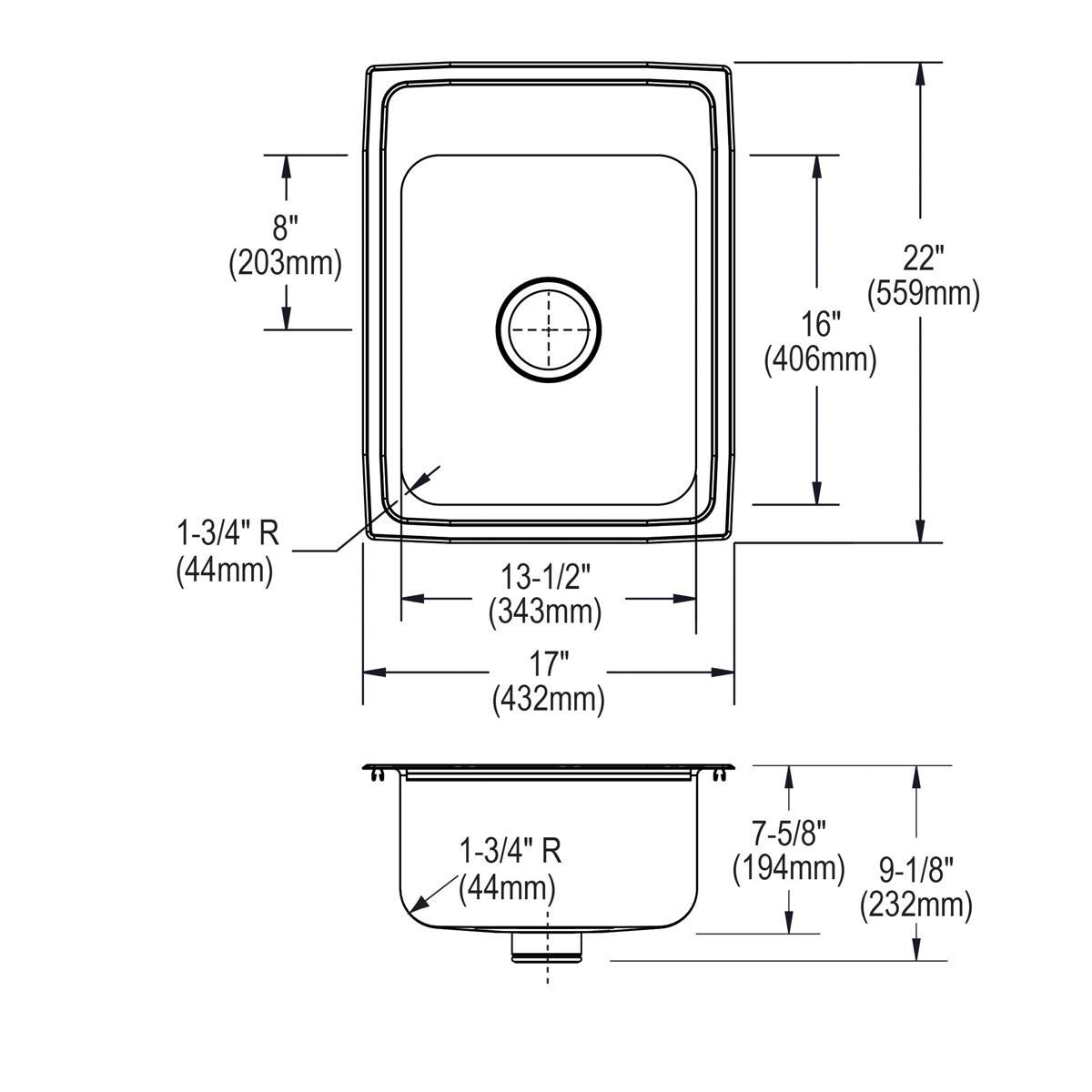 Stainless steel single bowl drop-in sink with rounded corners, center drain hole, and 3-hole faucet configuration shown in to